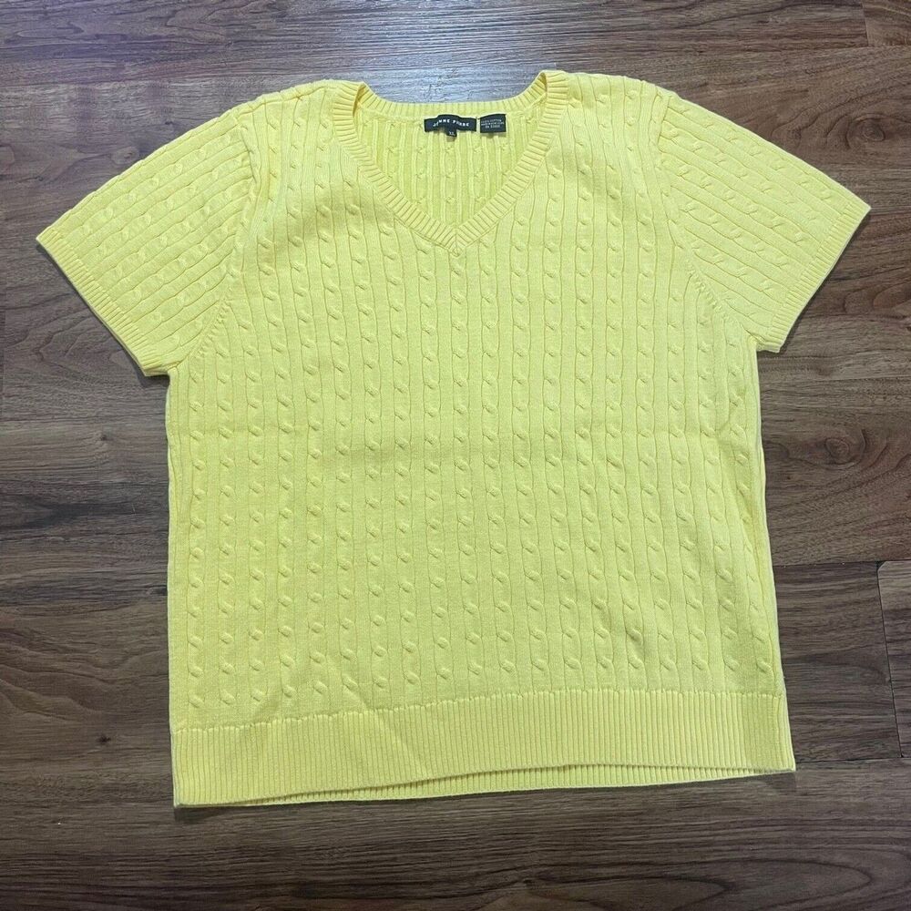 Jeanne Pierre Womens Yellow Short Sleeve V-Neck Pullover Top Knit Cotton Size XL